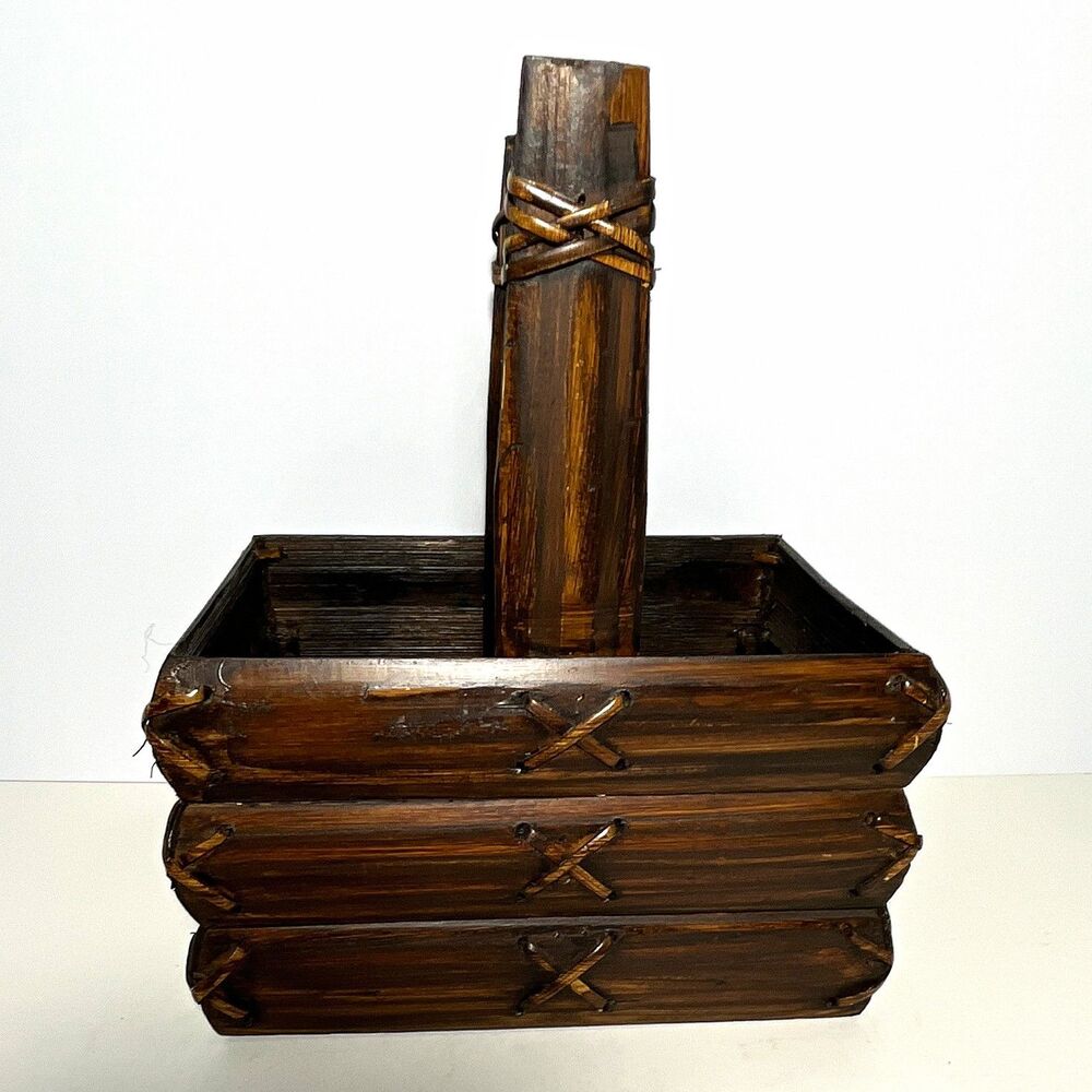 Vintage Rustic Handcrafted Wood Planter Tote Laced Bamboo Handle Cabin Decor
